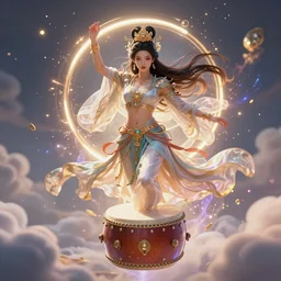 a beautiful female human god of drums character, character is in all its glory, character is centered on the image, character is flying, rim lights, magic in the air, fancy clouds, highly detailed professional photo, dynamic lights, particles are flying, depth of field, trending on artstation, illustration, hyper realistic, vray caustics, super detailed, colorful accents, cinematic shot