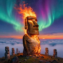 close up of burning, fuming, flaming giant moai statue on a mountain summit with strange wind sculpted boulders, above the clouds, fog. sunset, aurora, vivid psychedelic color sweeping in a vortex. painting by jan van eyck, rene magritte, monet, alfred kubin, yves tanguy, caspar david friedrich, max ernst, agnes pelton, munch, g