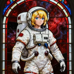 Stained glass window of a hopeful pretty astronaut lady with a wavy blonde hair, 4k resolution, nier:automata inspired, bravely default inspired, vibrant but dreary but upflifting red, black and white color scheme!!! ((Space nebula background))