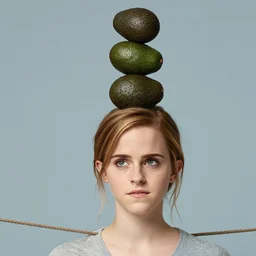 “ emma watson tightrope walking while balancing a stack of avocados on her head ”