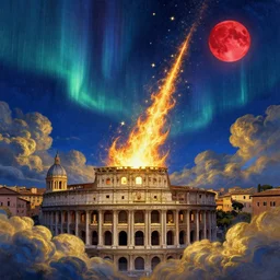 destructive fiery shooting star meteor crashing down to renaissance rome city emerging from gold and royal blue asperitas clouds in cyberpunk theme, during an aurora borealis and red moon, intricate, elegant, by greg rutkowski, conrad roset, takato yomamoto, james jean, rule of thirds, highly detailed, refined