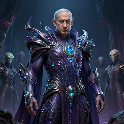 benjamin netanyahu as an otherworldly iridescent alien overlord, embedded with gemstones, flowing with dark power, highly detailed, trending on artstation, by wayne barlowe, and tim hildebrandt and bruce pennington and