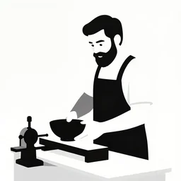 bearded man turns bowl on woodlathe, vector art, simple, clean, monochromatic