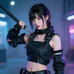 photo of a real-life beautiful cyberpunk female ninja