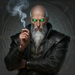 a highly detailed illustration of bald old man smoking with green glowing eyes, dramatic smoking pose, nuclear background, intricate, elegant, highly detailed, centered, digital painting, artstation, concept art, smooth, sharp focus, league of legends concept art, wlop.