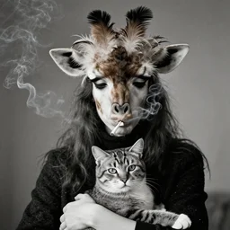 photographic portrait max ernst sad woman fluffy giraffe feathers face editorial cigarette smoke, holding a cat