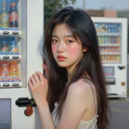oil painting by ilya kuvshinov,, baugh casey, rhads, coby whitmore, of a youthful japanese beauty, long hair, standing holding a outdoors by vending machines, highly detailed, breathtaking face, studio photography, dawn, intense subsurface scattering, blush, supple look, innocence, intense sunlight