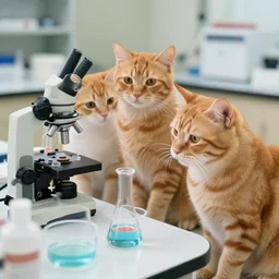 1 9 8 0's color photo, cute orange cats, supervising laboratory experiments