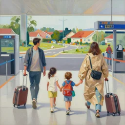 a perfect abstract painting of a family going on a package holiday, wrapped in brown paper, hurrying through airport security as if they had not a care in the world. as they leave behind a wake of destruction in their suburban paradise.