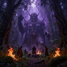 the giant god of nature having a ritual in a mysterious and lush burning forest, dark fantasy, wide shot, purple hue, realistic lighting, sunshaft