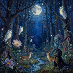 painterly dreamy Kupala Night in the blue forest with trees which have eyes, giant flowers, glowing owls, deers, lianas, thistles, giant fantasy creatures, a stream and sky with moon and stars by Alphonse Mucha, Alex Grey and Giger dark fantasy, witcher, very detailed oil painting in the alla prima style, masterpiece, 8k