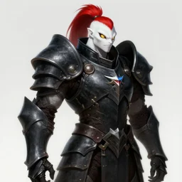 full body portrait of amphibion, face details, heavy black armor, red ponytail, white skin, golden eyes, high fantasy, dnd, extremely detailed, smooth, sharp focus, digital illustration, by ironstylus, rossdraws, artgerm