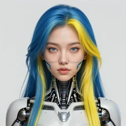 symmetry!! portrait of a filipino cute girl blue - yellow hair, nasal strip, cyborg body, intricate, elegant, highly detailed, my rendition, digital painting, artstation, concept art, smooth, sharp focus, illustration, art by artgerm and greg rutkowski and alphonse mucha and uang guangjian and gil elvgren and sachin teng