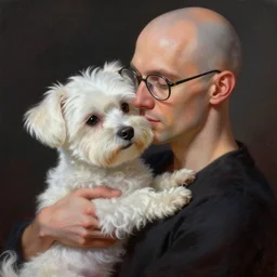 small white dog hugging his bald owner wearing glasses, fantasy, high detail, elegant, digital painting, cinematic lighting, vibrant, intricate, textured skin, highly detailed, artstation, sharp, focus, hdr, unreal engine 5, breathtaking, illustration, anna dittmann, ilya kuvshinov, nikolay makovsky