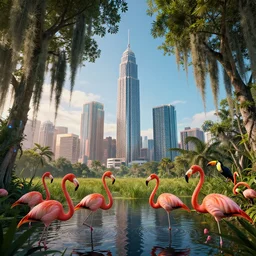 kowloon city, everglades, trees hanging spanish moss, cyberpunk 2 0 7 7. flamingos, toucans, surreal, sci - fi, fantasy, wide angle highly detailed by santiago calatrava and andreas franke, wlod, captivating 8 k hdr, octane render godrays artstation