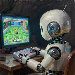 an elaborate cute robot holding a retro game controller in its hand, robot looking at screen video game shown in background, intricate details, hyperrealistic oil painting on canvas, deep depth field, hd, hdr, 4 k, 8 k, by gerardo dottori, oil on canvas