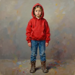 palette knife oil painting portrait of nellie, a small figured young woman, dressed like a country bumpkin : jeans, boots, a pointy bright red hoodie. extreme detail, artstation trending, artgerm, any racial background, deviant art, octane, substance, art history 8 k