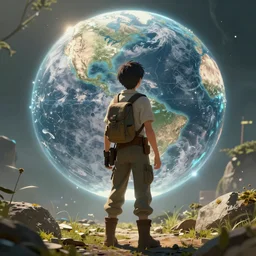 an intricate concept art of a explorer boy standing back - view, anime style, global illumination, digital art, photorealistic movie still, style ivan talavera and artgerm, hyper realistic, photorealistic, octane render, trending on artstation, cgsociety, cinematic light, 8 k