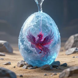 magic frozen ice phoenix egg, deadly potion flowing from the top, rock and sand around, peter mohrbacher style, ray tracing, cinematic, digital art, realistic, octane render