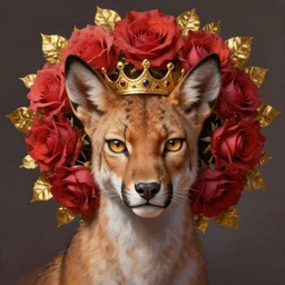 lynx wearing a flower circle made out of roses and golden leaves on his head, a majestic crown, an expressive digital painting, high quality art,
