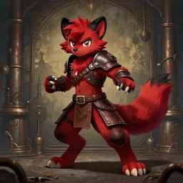 a dashing weasel bandit furry red - and - black fursona animal character { with tail }, leather armor, didn't see you there, mid - action pose on a painted elaborate industrial background by peder balke, dark industrial fantasy, furry art, deviantart contest winner, tumblr contest winner, this fursona has < a tail! >