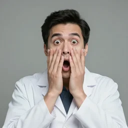 shocked fly headed man wearing white lab coat