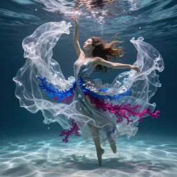 large swirling silver translucent shapes behind a beautiful woman with long hair dancing underwater wearing a very long flowing dress made of many translucent layers of silver and blue and magenta lace seaweed, caustics lighting from above shines her dress and on the sandy bottom, bubbles flicker, octane render, cinematic, hyperdetailed