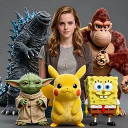 emma watson godzilla yoda donkey kong pikachu yeti spongebob homer, highly detailed, extremely high quality, hd, 4 k, 8 k, professional photographer, 4 0 mp, lifelike, top - rated, award winning, realistic, detailed lighting, detailed shadows, sharp, no blur, edited, corrected, trending
