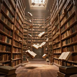 ancient library interior holding the secrets of mankind, floating books, magical atmosphere