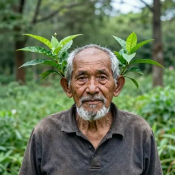 old man with plants growing from his ears, ultrarealistic, 8k, wide shot