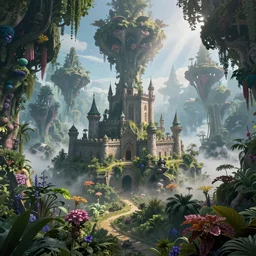 Highly detailed wide angle photo of a castle, in a fractal forest, dense vegetation realistic lighting volumetric lighting floating particle effects wonderland fantasy vivid colours fog mist lightrays octane render by Jean Giraud , hyper realistic, fantasy art