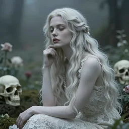 cinestill 5 0 d portrait of a dreamy beautiful goddess of skulls britt marling 3 / 4 by roversi sitting in a misty garden, long hair, wearing lace, 3 5 mm lens, 8 k, elegant, highly detailed, pale mute matt, soft blur, artstation, sharp focus, head in focus