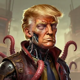 asthetics! pretty! cell shaded  scary head portrait of cyborg donald trump and tentacle as Borderlands 3 concept art, llustration, postapocalyptic grunge, concept art by  Eric Barnett, highly detailed, sharp focus,alien,Trending on Artstation, HQ, deviantart, art by Eric Barnett