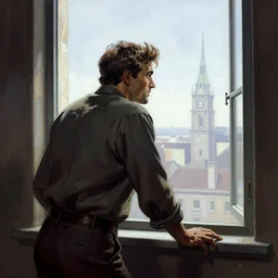 a man looking out a window, frank frazetta,