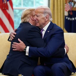 trump and biden hugging eachother in a sofa