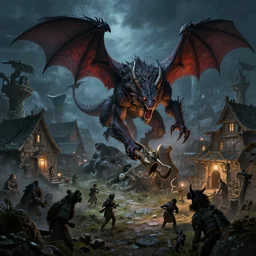 wyvern attacking village at night, fantasy art, artstation, dnd, dramatic lighting, concept art, 4 k, hyper realistic