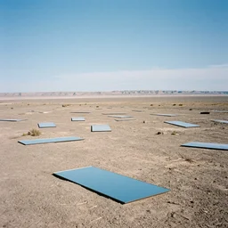 dead valley landscape, rectangular mirrors scattered, horizon, kodak ultramax 4 0 0