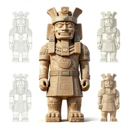 Ancient Aztec statue creature, character design sheet, Monster Hunter Illustrations art book, giant, trees growing on its body, enormous hands, long limbs, horns on its head, bright pale blue eyes, Moebius, Greg Rutkowski, Zabrocki, Karlkka, Jayison Devadas, Phuoc Quan, trending on Artstation, 8K, ultra wide angle, zenith view, pincushion lens effect.