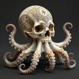 hyper realistic 3 d render of ornately carved rococo human skull octopus hybrid, delicate detailed scrimshaw pattern of occult symbols and fractal geometry, tentacles, octane render 4 k, bone and ivory, waxy