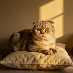 content Scottish fold basking in the sunlight on a pillow portrait, atmospheric lighting, painted, golden ratio, golden hour, intricate, highly detailed by Rembrandt