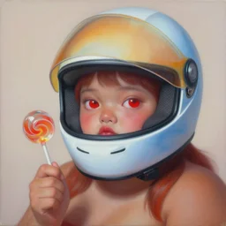 portrait of a cute fat girl with red eyes and brown skin and pale, holding a lollipop made of glass, surreal in a racing helmet by shusei nagaoka kaws, david rudnick, airbrush on canvas, pastell colors, cell shaded 8 k