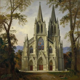 An oil painting of a cathedral in nature, stained glass, trees, mountains in the distance, by Caspar David Friedrich