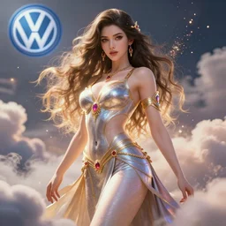 a beautiful female goddess of volkswagen character, character is in all its glory, character is in her natural relaxed pose, rim lights, particles and dust in the air, fancy clouds, highly detailed professional photo, dynamic lights, particles are flying, depth of field, trending on artstation, illustration, hyper realistic, vray caustics, super detailed, colorful accents, cinematic shot