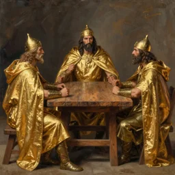 Detailed painting of three warriors gathered around a large wooden table. They wear golden cloaks;