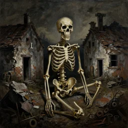 A painting of a skeleton in a ruined village. Film Noir. High Contrast.
