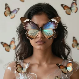 a brown south asian woman wearing a butterfly armor. eyes covered with butterfly wings. surrounded by butterflies. soft. ethereal. fragile. translucent. layers. reflective. intricate. super detailed. very coherent. face in focus. award winning. extremely photorealistic