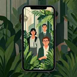 portrait an isometric iphone with lush foliage overgrowth, modern art deco, ( ( karolis strautniekas ) ), christopher balaskas, mads berg, detailed, composition perspective, halftone shaded, matte print, rich grainy texture, editorial illustration, ( ( stippled light ) )