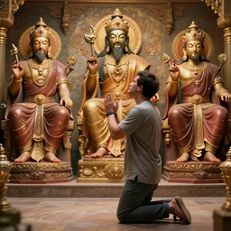 A man kneeling before gods asking for his wishes to be fulfilled, ultra photo realistic, unreal engine, 8K UHD