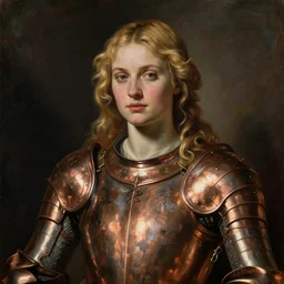 sultry saoirse ronan, seductively, blonde hair, wearing copper armour, portrait, oil painting by titian, hard focus, masterpiece,