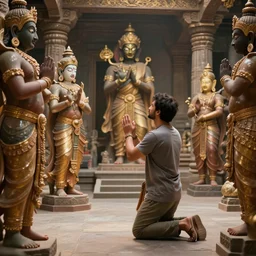 A man kneeling before gods asking for his wishes to be fulfilled, with gods in the foreground in a temple setting, ultra photo realistic, unreal engine, 8K UHD